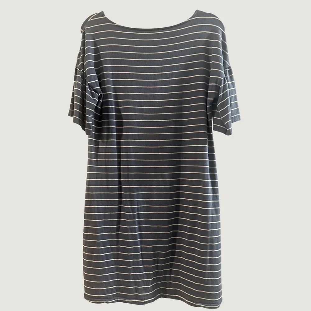 Garnet Hill Navy White Striped Flutter Sleeve Tencel Dress Medium